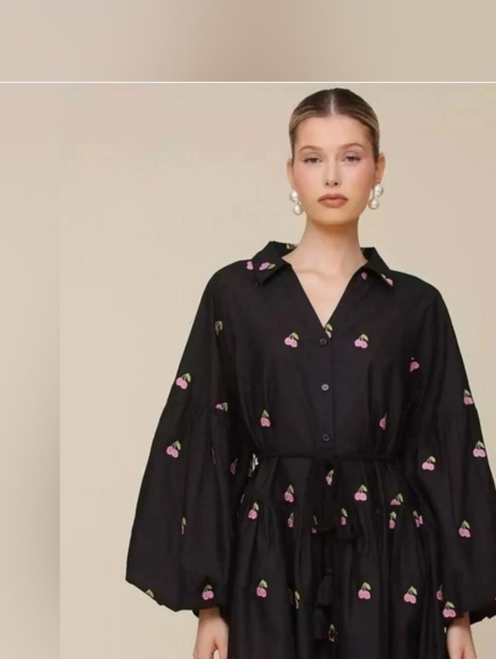 Avec Les Filles Black Mini Dress with Pink Cherry Embroidery